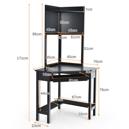 Corner Computer Desk with Top Bookshelf, Keyboard Tray and Storage Shelves, Space Saving Triangle PC Laptop Table