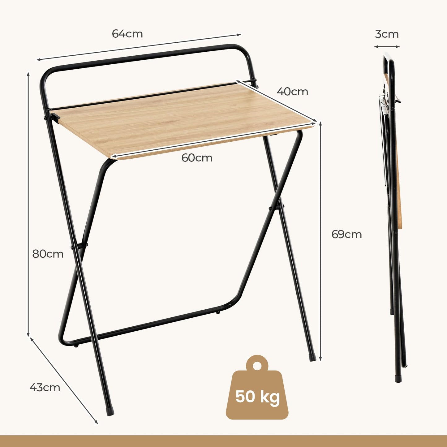 Folding Computer Desk, No-Assembly Required Study Desk Writing Table with Wide Desktop