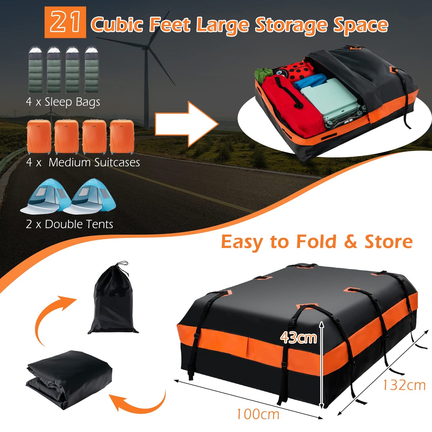 GiantexUK 21 Cubic Feet Car Roof Bag, Waterproof Cargo Top Carrier with Non-Slip Mat, Combination Lock (21 Cubic Ft/600L, No Lock, Black+Orange)