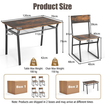 GiantexUK 5 PCS Dining Table Set, Industrial Table and Chairs Set with Storage Shelf and Reclining Seat Back