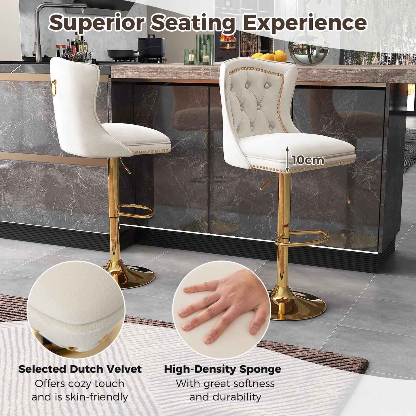 1 PCS Swivel Bar Stool, Velvet Height Adjustable Pub Chairs with Curved Backrest, Footrest