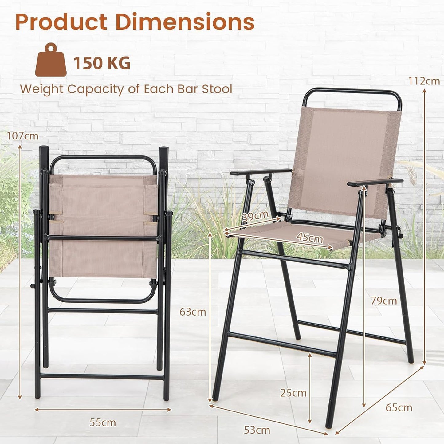 GiantexUK Outdoor Folding Bar Chair Set of 2 with Backrest Armrests Footrest