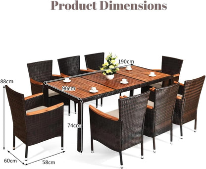 GiantexUK Outdoor 7/9 Pieces Rattan Dining Set, Patio Wicker Furniture Set with Acacia Wood Tabletop & Cushions