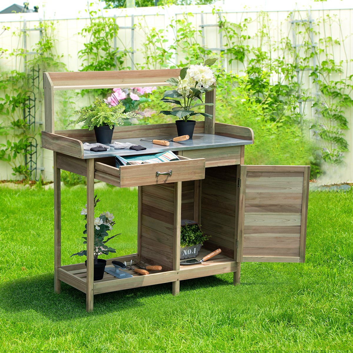 GiantexUK Wooden Potting Bench, Garden Planting Table with Cabinet