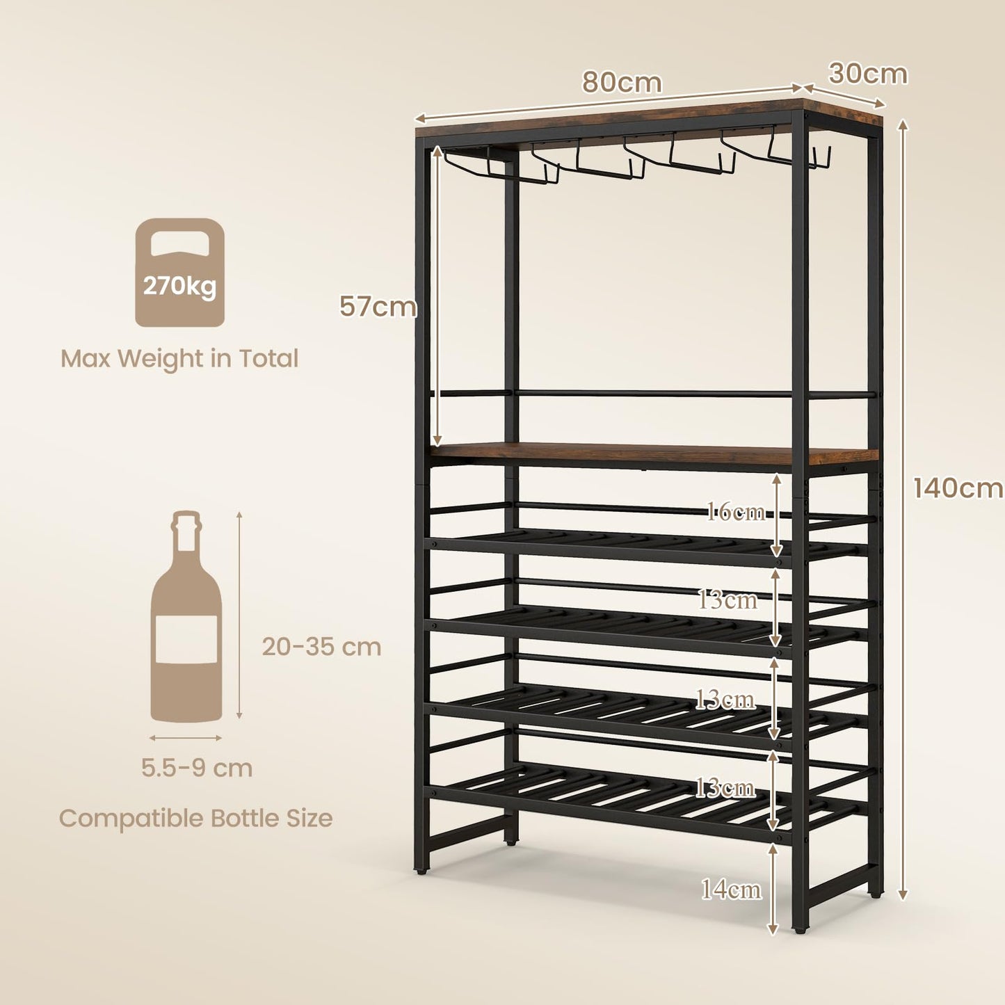 GiantexUK 32 Bottles Wine Rack, 6-Tier Freestanding Wine Display Holder with Middle Shelf