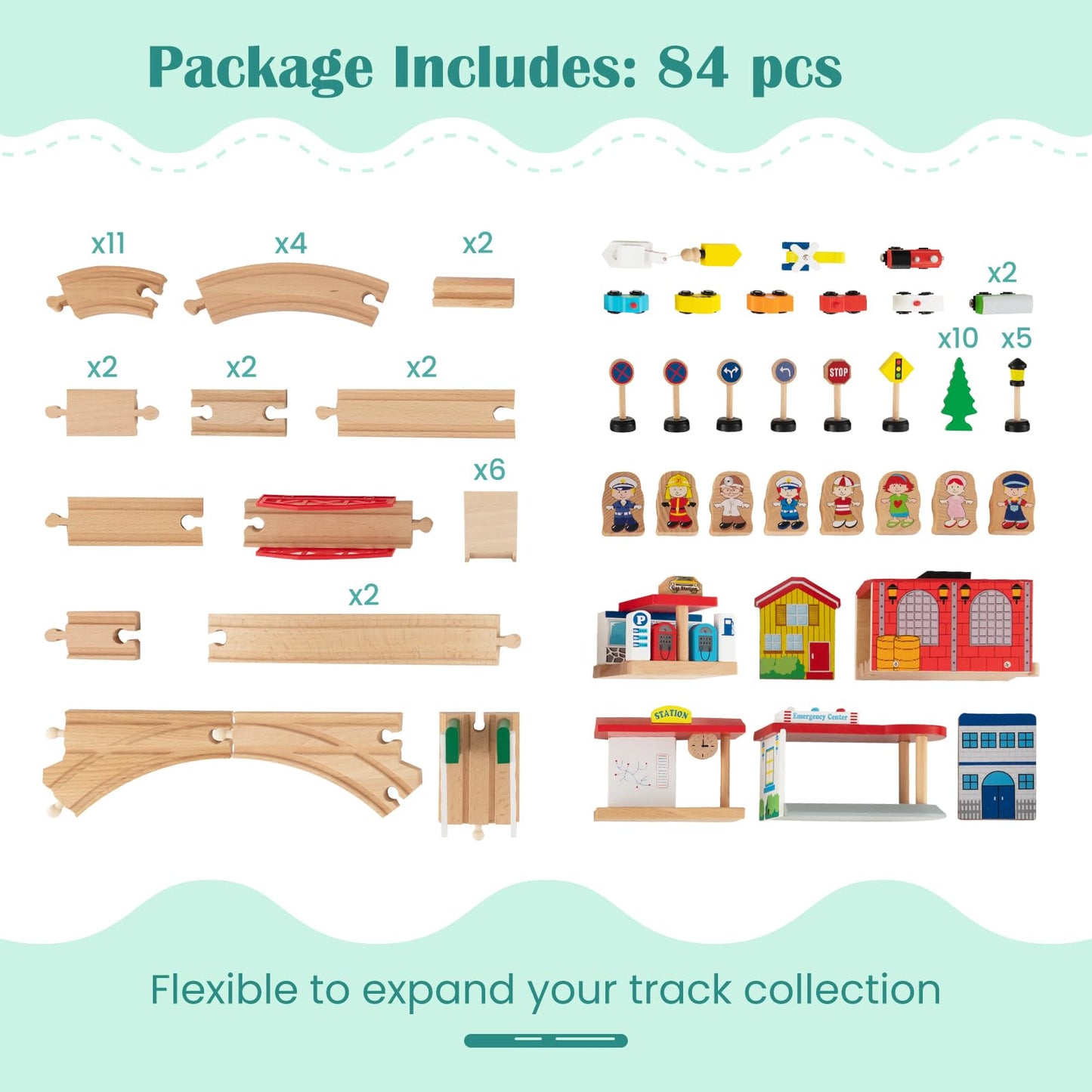 Train Track Set and Table, Wood Kids Play Tables with Drawer, 84Pcs Accessories, DIY Railway Activity Playset for Boys Girls