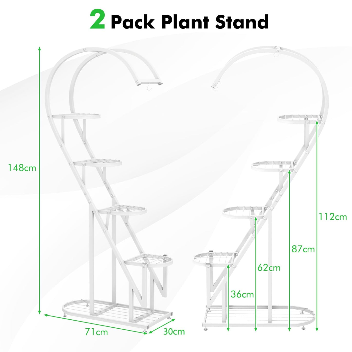 5-Tier Tall Plant Stand, 2-Pack Heart-shaped Ladder Plant Shelf with Hanging Hooks and Adjustable Foot Pads