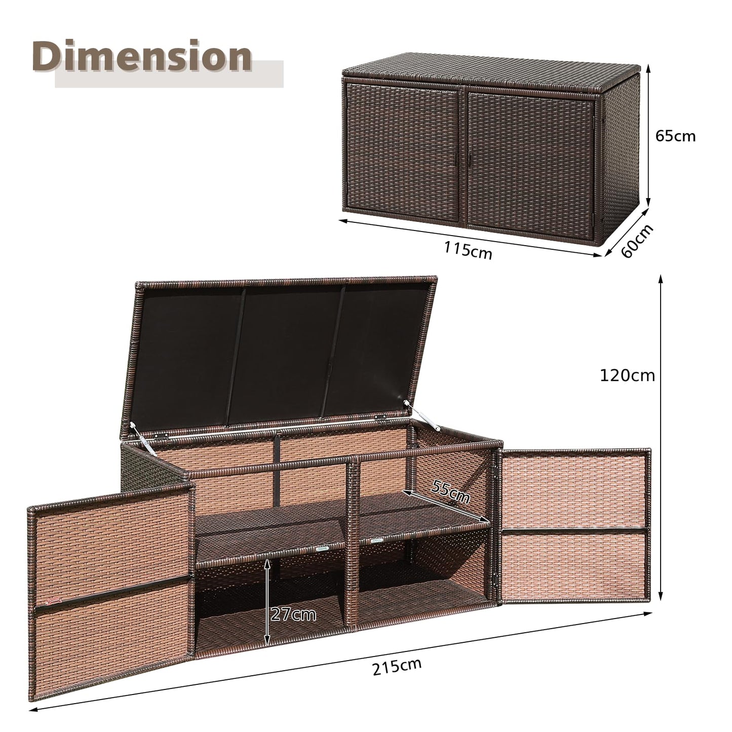 GiantexUK 330L Garden Storage Box, Weatherproof Rattan Deck Box with 2 Shelves