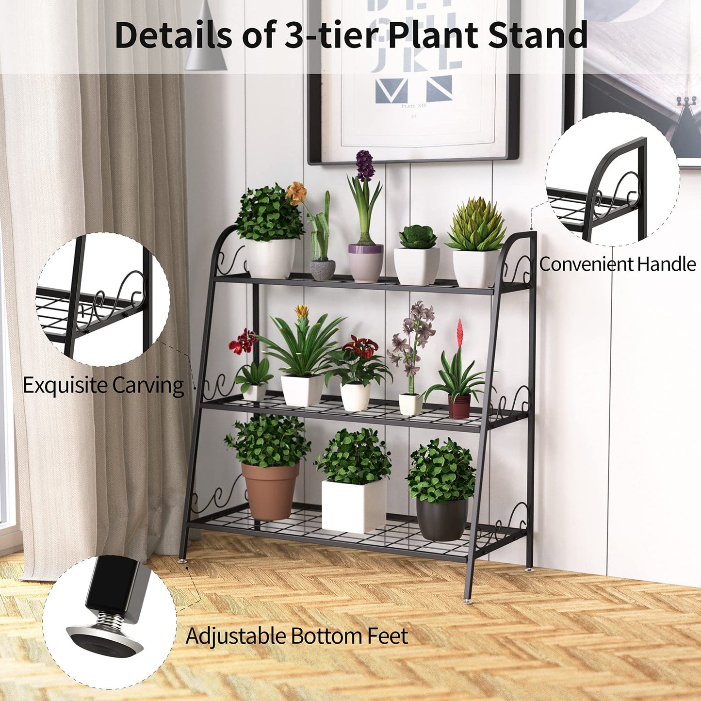 GiantexUK Metal Plant Stand, 3 Tier Flower Rack with Adjustable Footpads