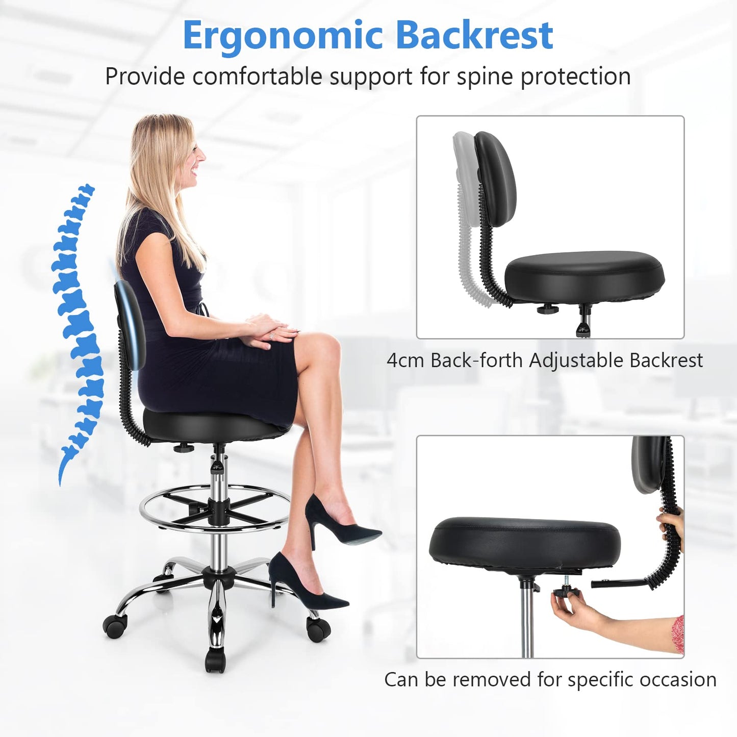 Ergonomic Drafting Chair, Height Adjustable Stool Swivel Office Chair with Backrest and Adjustable Footrest