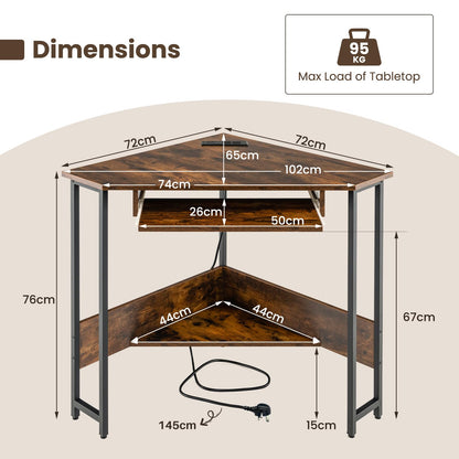 Corner Computer Desk, Triangle PC Laptop Table with Power Outlet and Storage Shelf, Brown, with Keyboard Tray