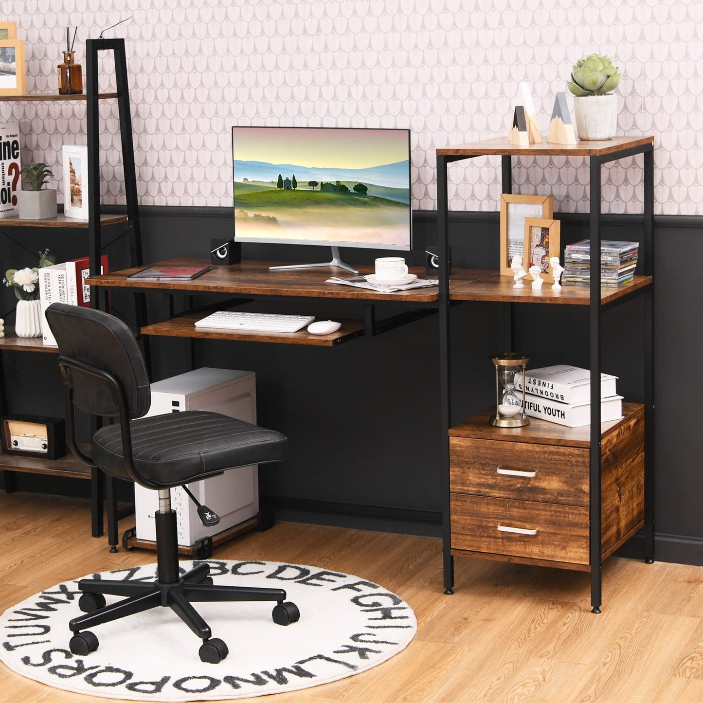 Computer Desk, 2-in-1 Workstation PC Laptop Table with Storage Bookshelf, 140 x 50 x 110cm