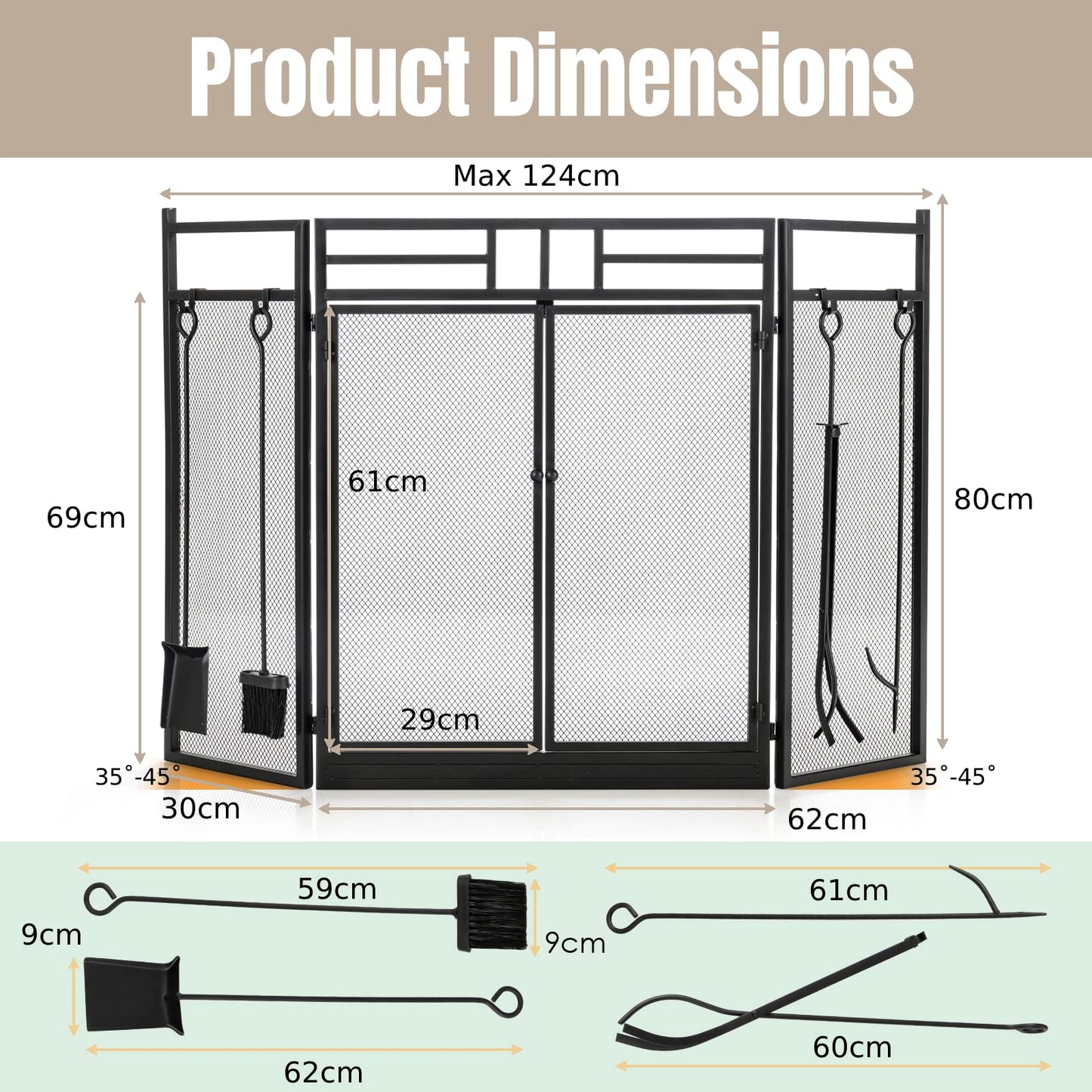 GiantexUK 3-Panel Folding Fireplace Screen, 5-Piece Freestanding Fire Protector Spark Guard with Tools Set