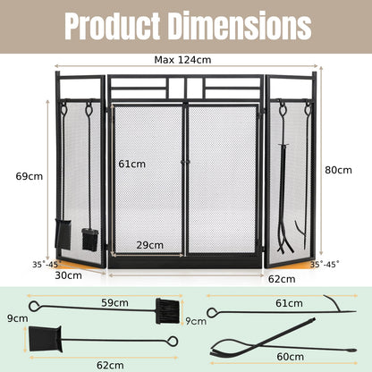 GiantexUK 3-Panel Folding Fireplace Screen, 5-Piece Freestanding Fire Protector Spark Guard with Tools Set