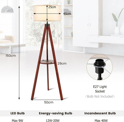 GiantexUK Tripod Floor Lamp with Shelf, Rubber Wood Frame Standing Corner Lamp with Linen Fabric Lampshade