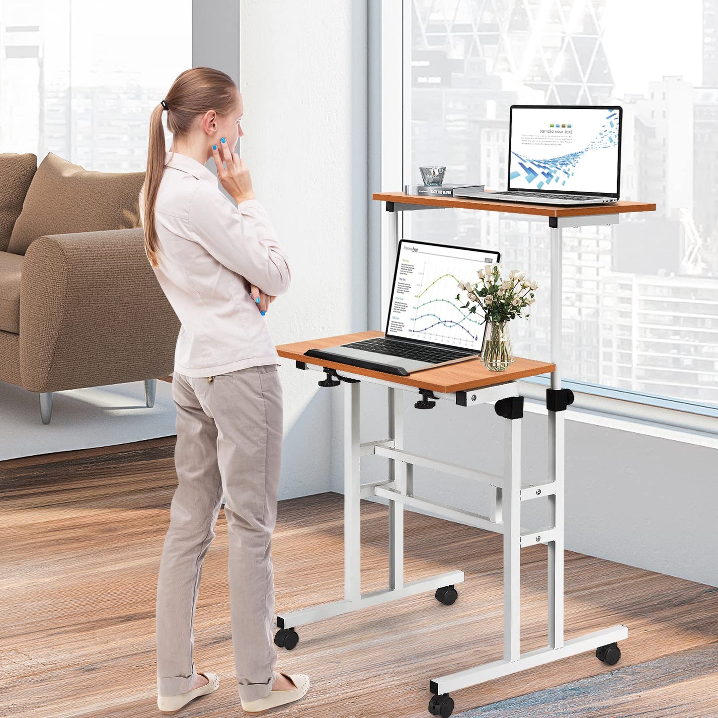 Height Adjustable Standing Desk, Mobile Laptop Table Computer Desk with Tilting Tabletop and Wheels