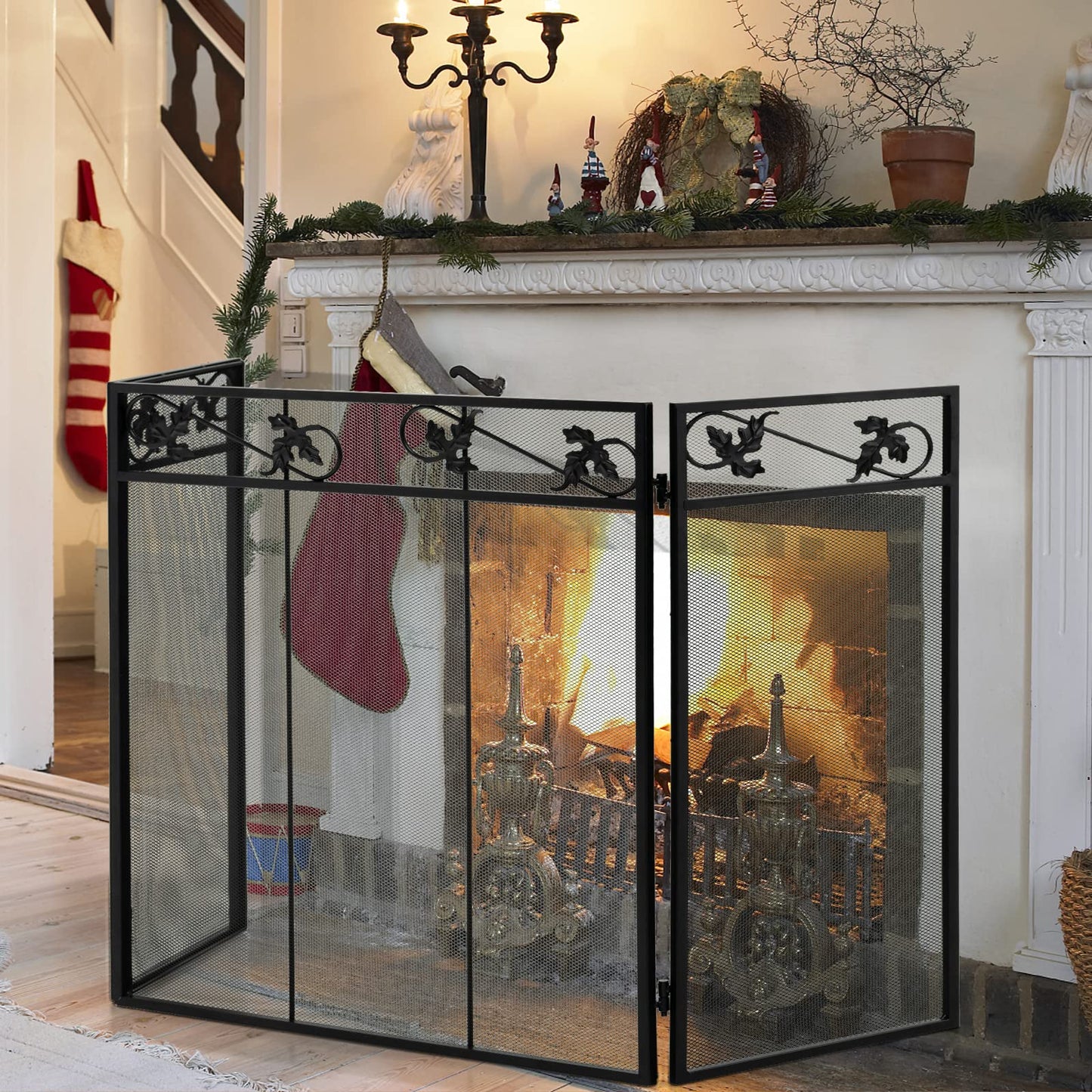 GiantexUK 3-Panel Folding Fire Guard, Metal Mesh Fireplace Screen, Heavy Duty Freestanding Spark Guard Safety Barrier