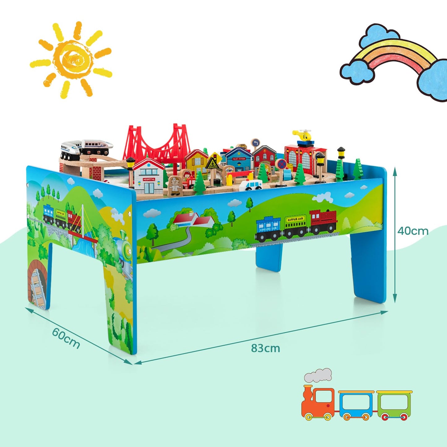 Train Track Set and Table, Wood Kids Play Tables with Abundant Accessories, DIY Railway Activity Playset for Boys Girls