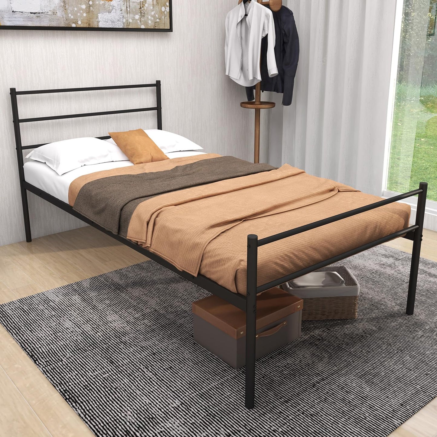 3FT Single Bed Frame, Metal Platform Bed with Headboard & Footboard and Underbed Storage