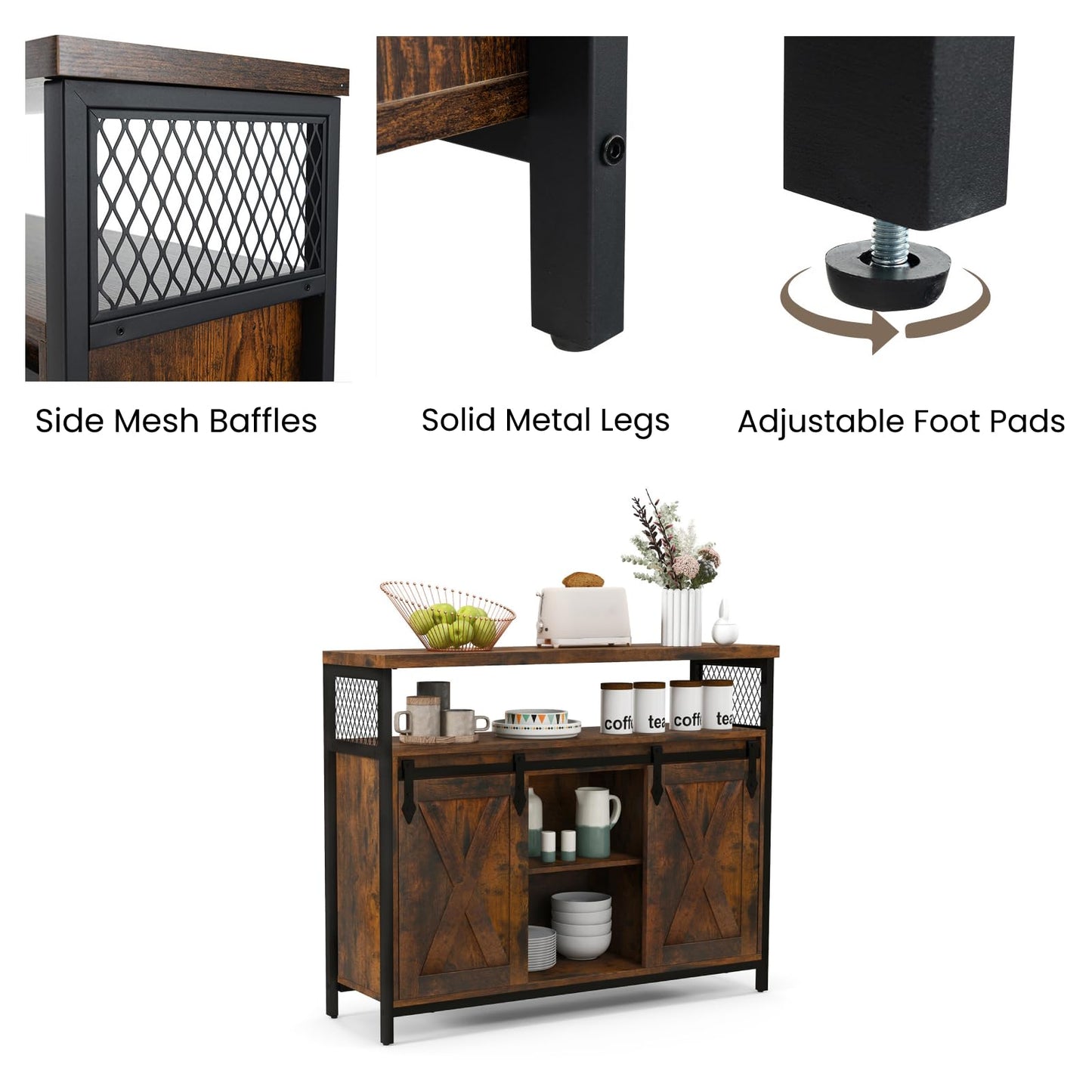 GiantexUK Industrial Buffet Sideboard, Wooden Storage Cabinet with 2 Sliding Barn Doors