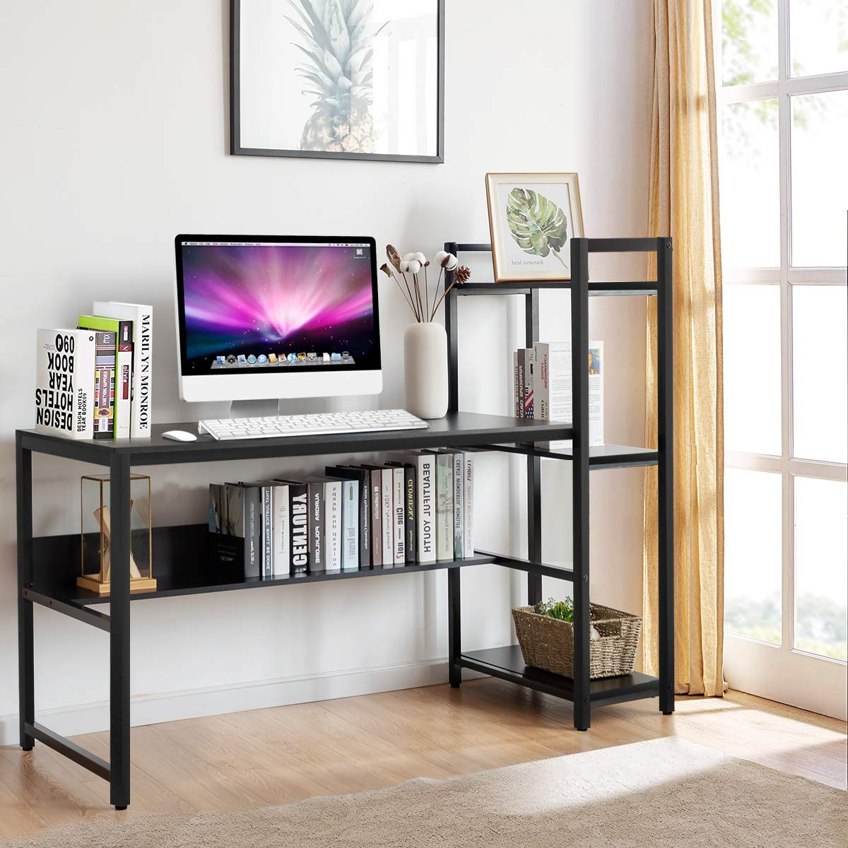 Computer Desk, 2-in-1 Workstation PC Laptop Table with Storage Bookshelf, 150 x 60 x 120cm