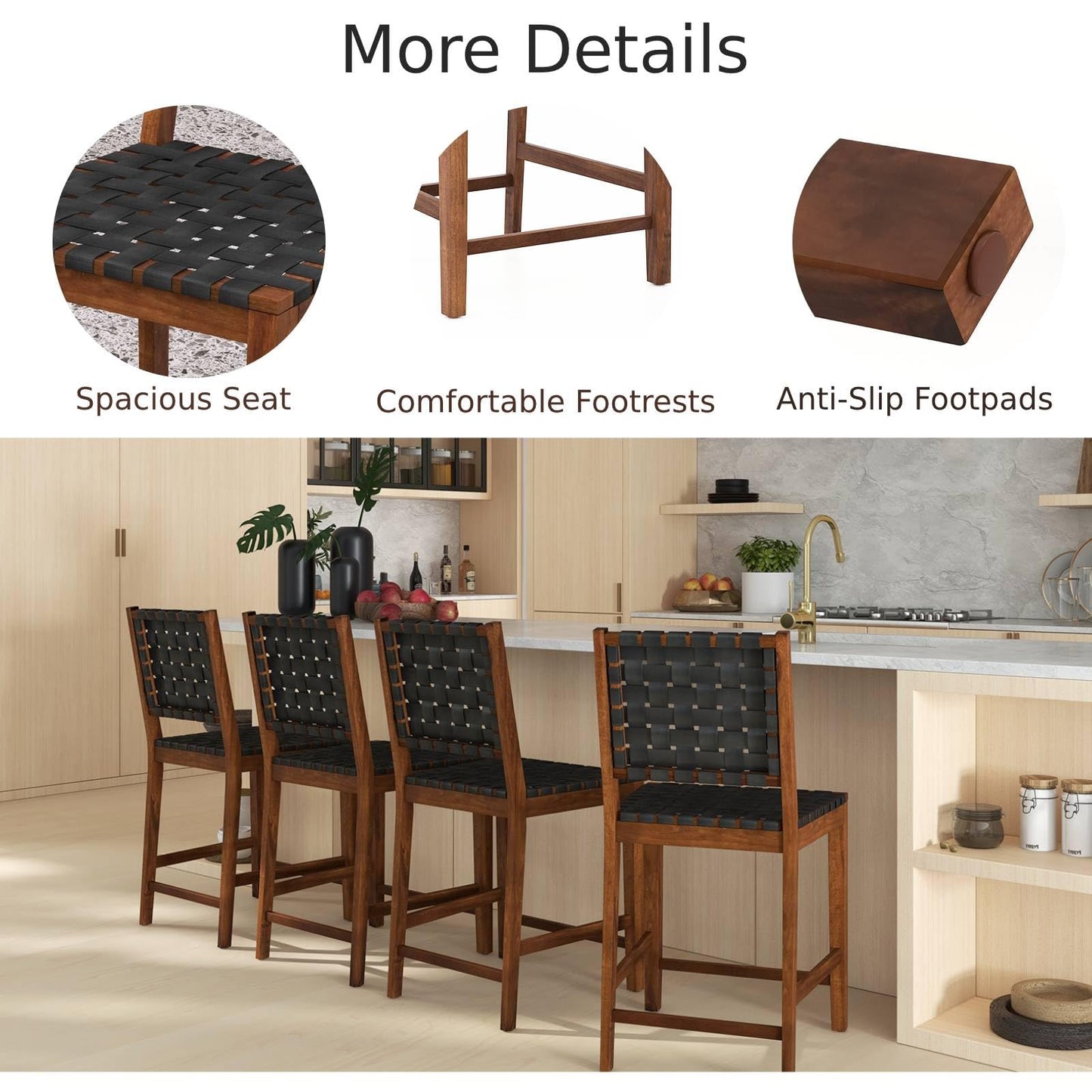 GiantexUK Bar Stools Set of 2/4, PU Leather Woven Kitchen Barstools with Backrest & Rubber Wood Footrests