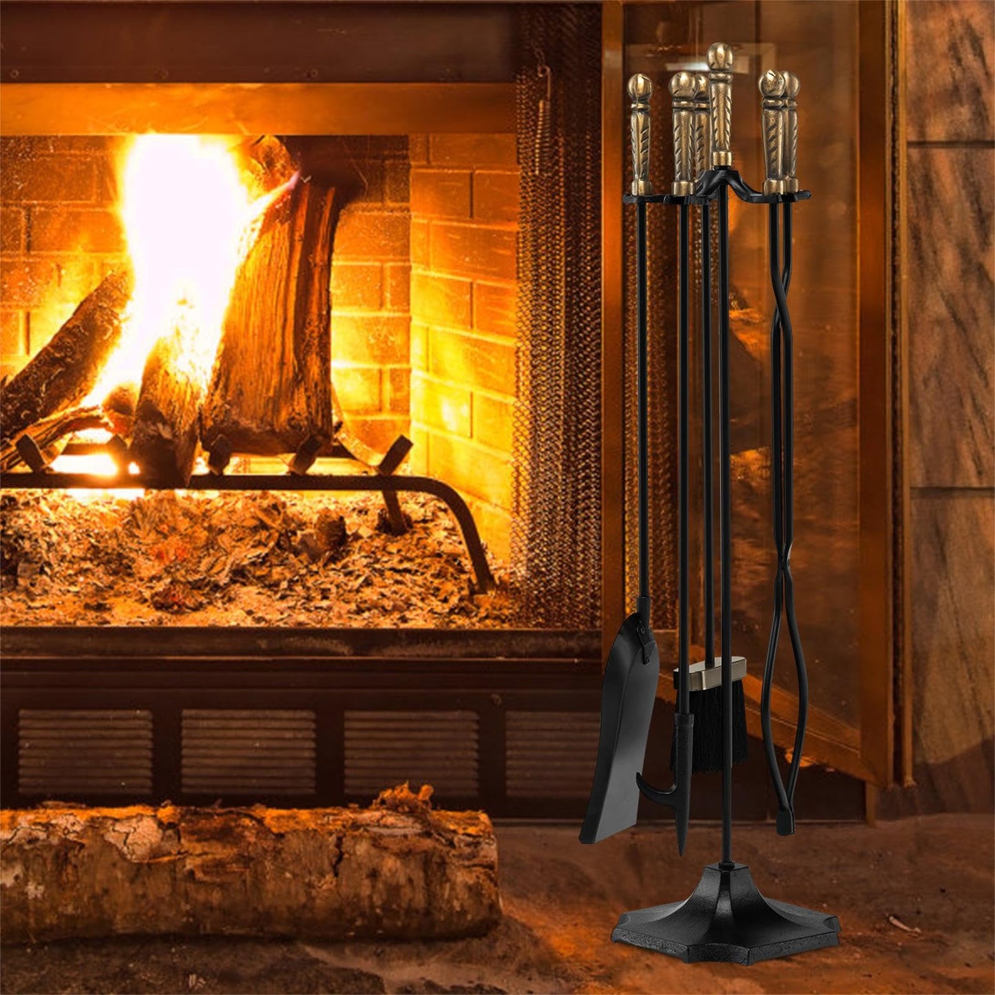 GiantexUK 5-Piece Fireplace Companion Set, Wrought Iron Fire Place Tools Set with Stand, Tong, Shovel, Brush & Poker, Fireside Wood Burner Stove Accessories