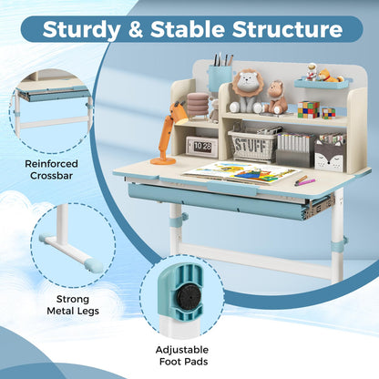 Kids Study Desk, Height Adjustable Children School Desk with Storage, Tilt Desktop, Pen Holder & Scale Ruler