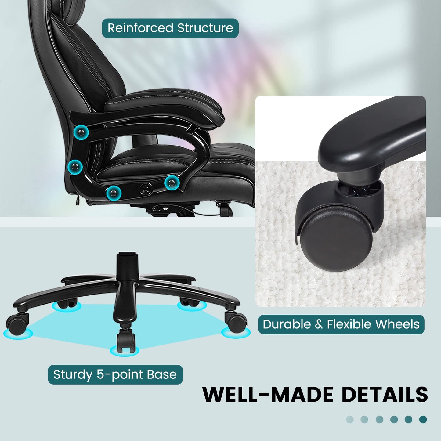 400LBS Big & Tall Executive Office Chair, Height Adjustable PU Leather Computer Desk Chair with Rocking Backrest