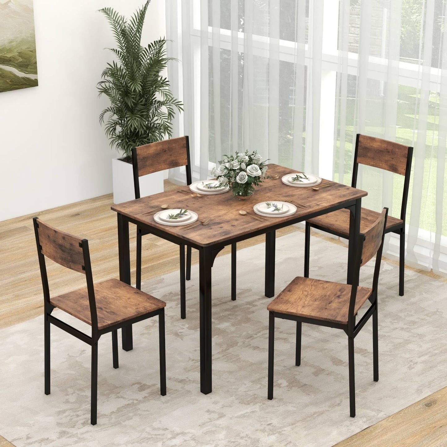 GiantexUK 5 PCS Dining Table and Chairs Set, Rectangular Dining Room Set with Curved Backrest & Anti-Slip Foot Pads