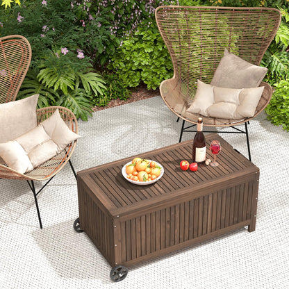 GiantexUK 207L Garden Storage Box, Waterproof Fir Wood Deck Box with Wheels, Removable Inner Liner, Sit-on Lid & Handle