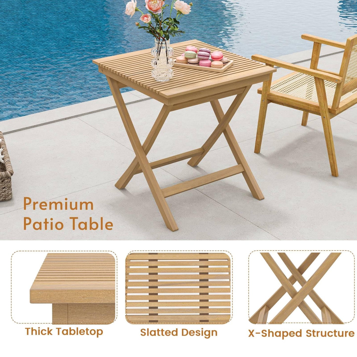 GiantexUK Bistro Set, Folding Teak Wood Table and Chairs with Rattan Back, Armrests & Slatted Tabletop