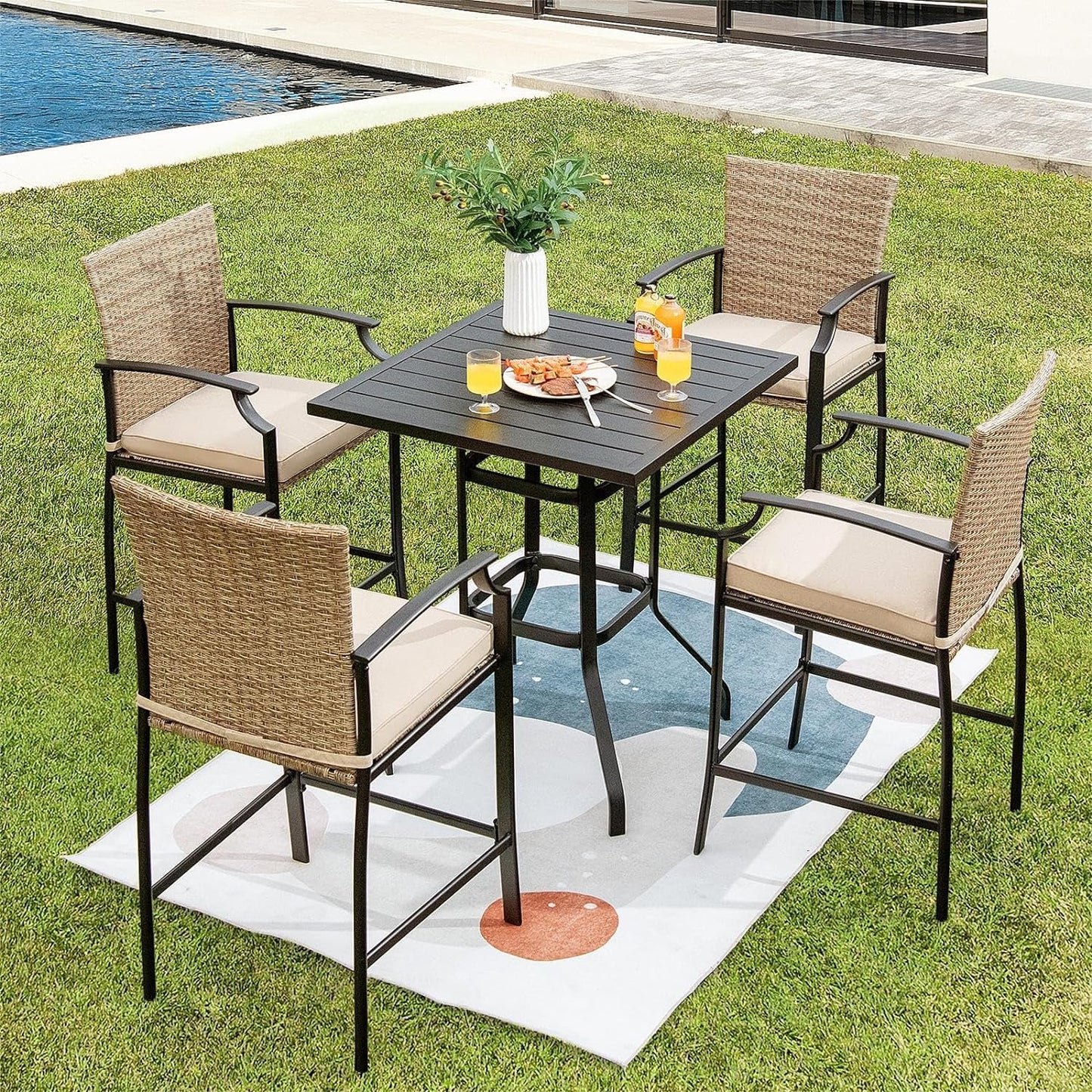 GiantexUK Patio Rattan Bar Stools Set of 4 with Soft Cushions High Backrest