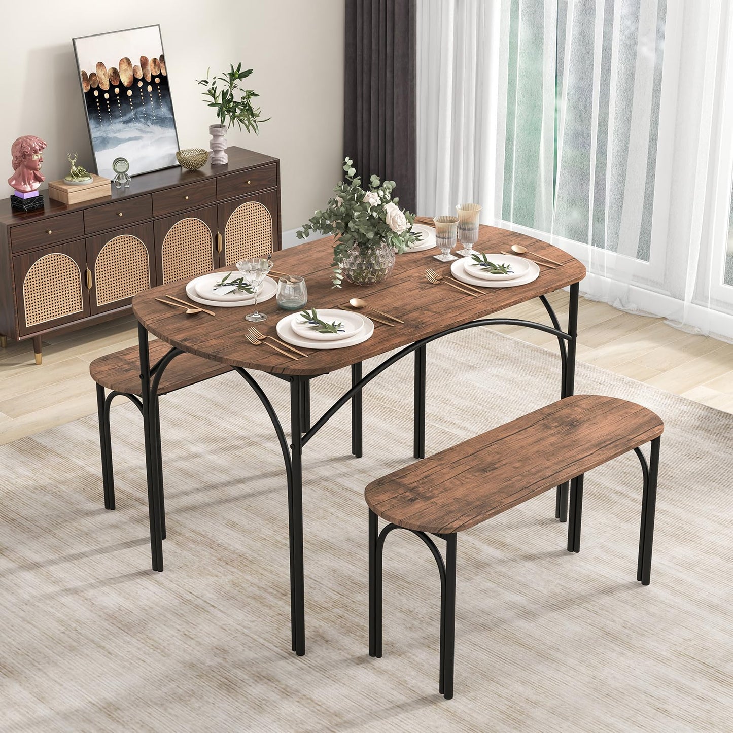 Dining Table with 2 Benches, 3 Piece Kitchen Table and Benches Set with Anti-slip Foot Pads