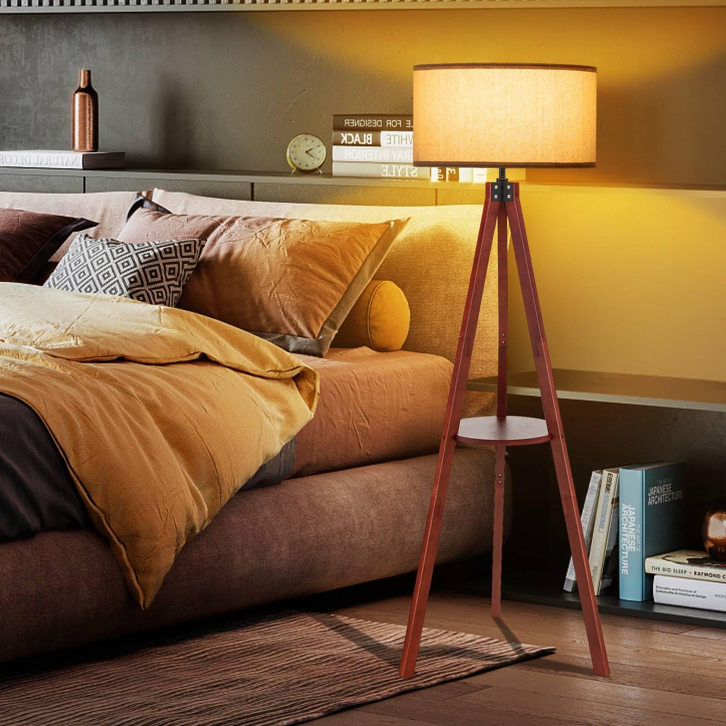 GiantexUK Tripod Floor Lamp with Shelf, Rubber Wood Frame Standing Corner Lamp with Linen Fabric Lampshade