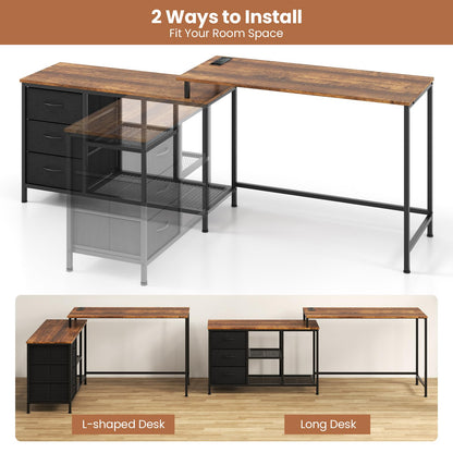 L-Shaped Computer Desk, Convertible Study Writing Workstation with Drawer, Shelves & Charging Station