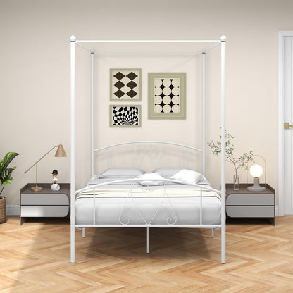 Canopy Bed Frame, Double Size Metal Bed Base with Headboard & Footboard