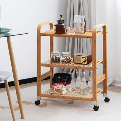 GiantexUK 3/4-Tier Rolling Cart, Multi-Function Bamboo Storage Trolley with Removable Wheels(3 Tier, 58 x 33 x 76cm)