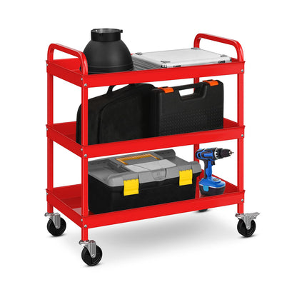 GiantexUK 3-Tier Tool Trolley, Metal Frame Utility Service Cart with 4 Wheels and Handle (3-Tier, 2 U-handles, Red)