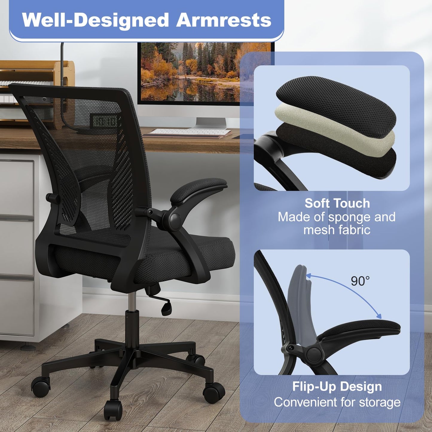 Mesh Office Chair, Adjustable Height Swivel Computer Chair with Flip-Up Armrests