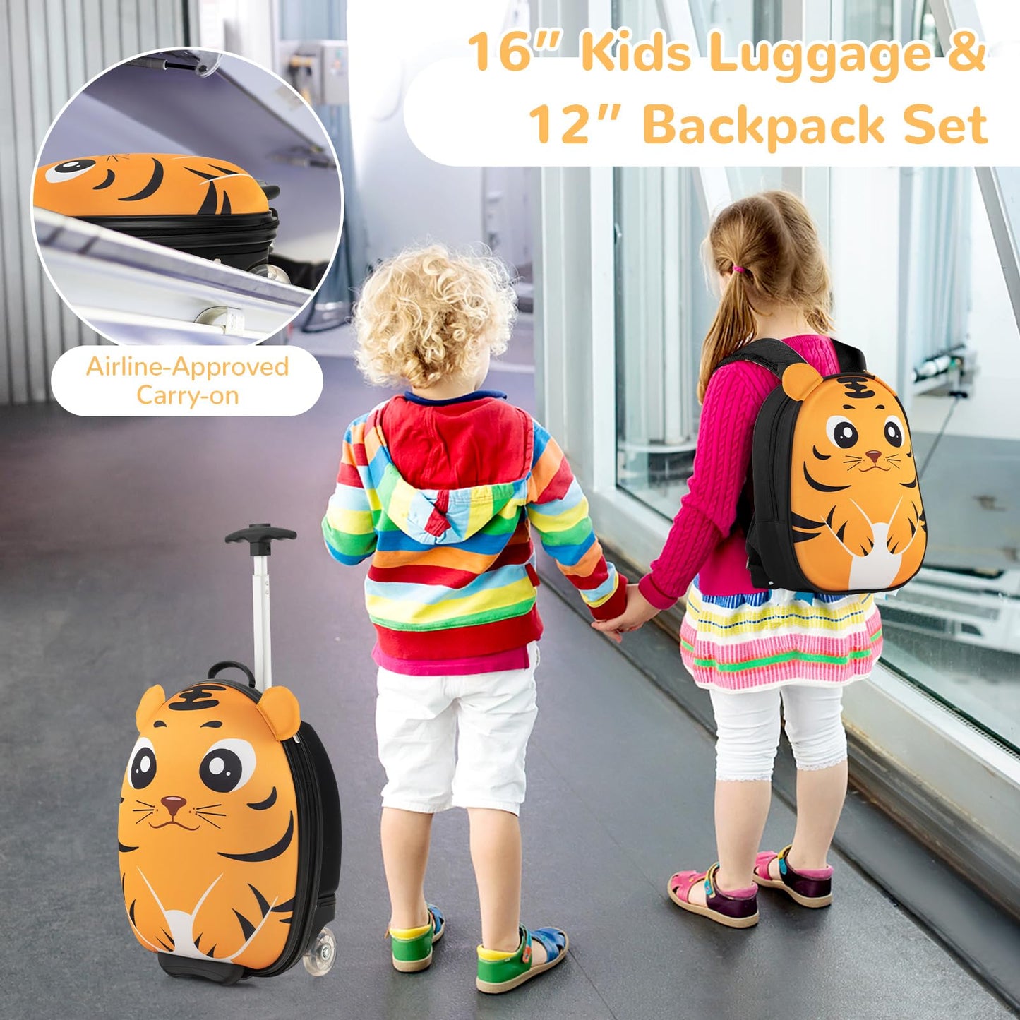 2 Pcs Kids Luggage Set, 12'' Hardshell Backpack and 16'' Suitcase Children Travel School Trolley Case on Wheels