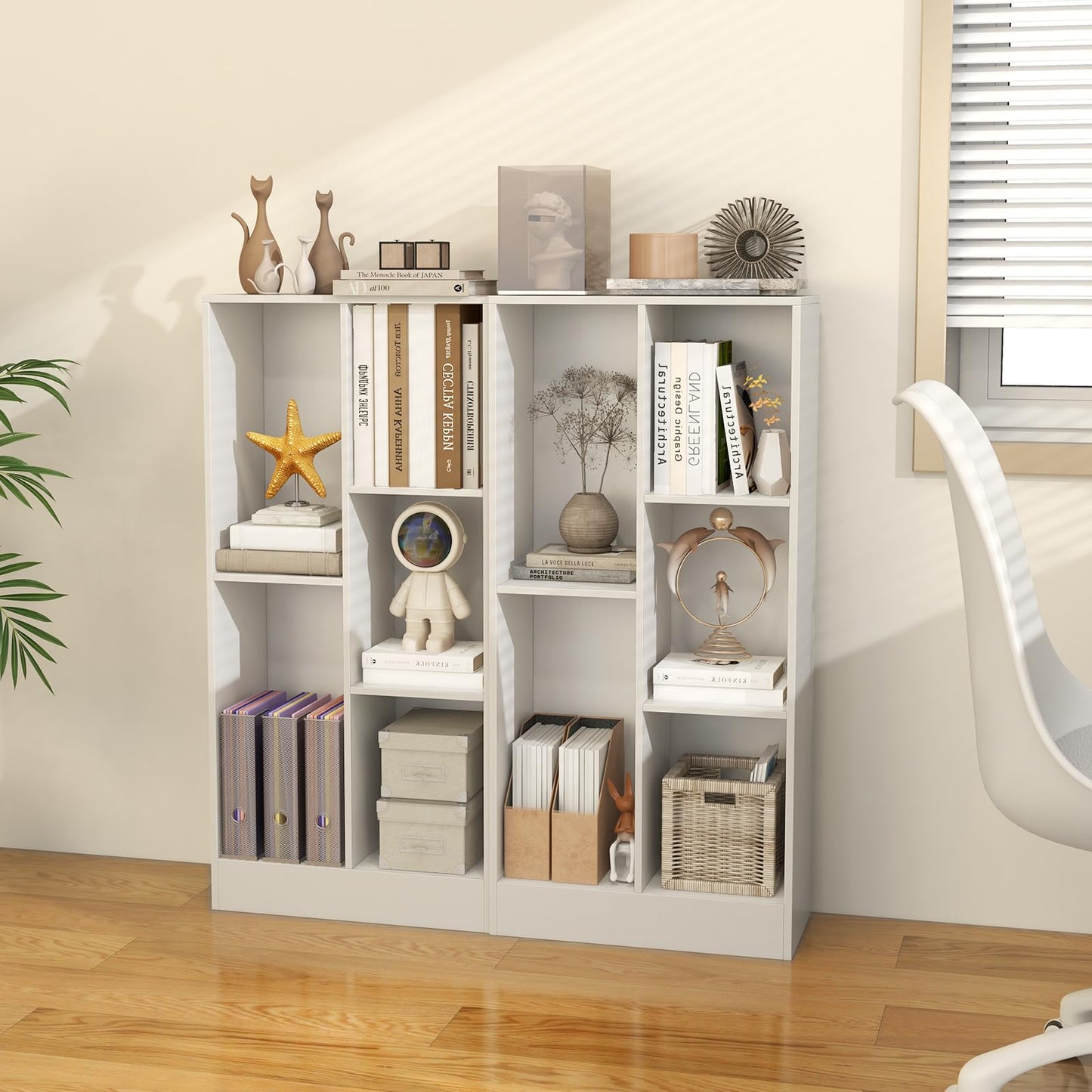 Wooden Cube Bookcase, 3 Tier Open Storage Shelving Unit with 5 Compartments (White, 50 x 24 x 104cm)