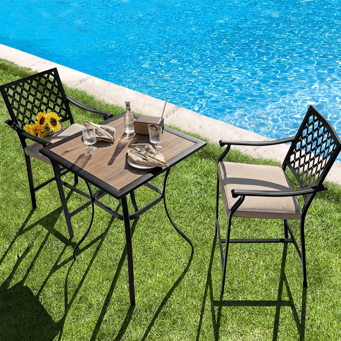 GiantexUK 3 PCS Patio Bistro Set, Metal Frame Garden Furniture Set with Cushions and Footrests