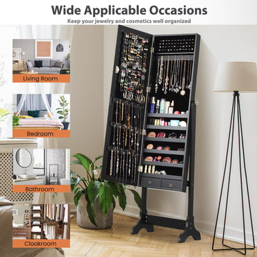 Freestanding Jewelry Cabinet, Lockable Cosmetic Storage Organizer with Full-Length Mirror & 4 Adjustable Angles