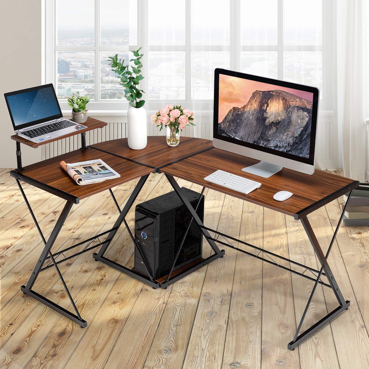 L-Shaped Computer Desk, Industrial Large Desktop 2-Person Corner Writing Workstation PC Laptop Table