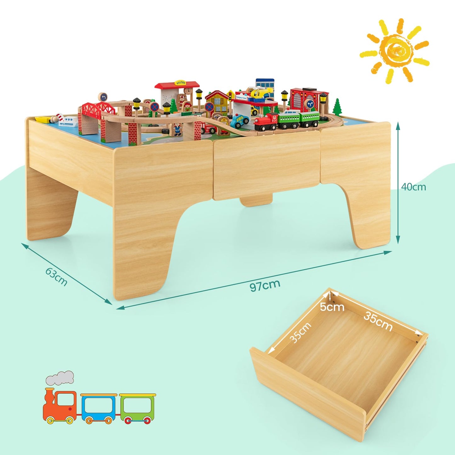 Train Track Set and Table, Wood Kids Play Tables with Drawer, 84Pcs Accessories, DIY Railway Activity Playset for Boys Girls