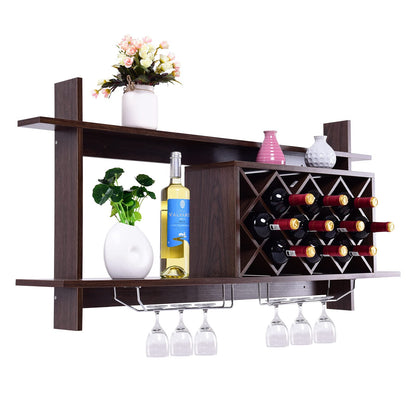 GiantexUK Wall Mounted Wine Rack, Floating Wine Storage Shelf with Goblet Holder