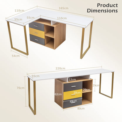 Computer Desk for Two Person, 2 in 1 Double Writing Study Workstation, 220x55x76cm