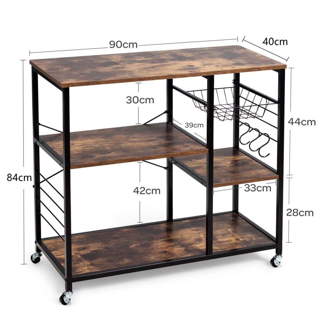 GiantexUK Kitchen Baker's Rack, Microwave Oven Stand with Mesh Baskets, Wheels & Hooks, Industrial Storage Shelves (on Wheels, with Hooks, 1 Basket)