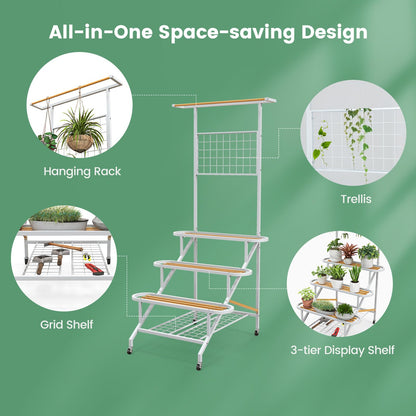 4-Tier Hanging Plant Shelf, Ladder Flower Pot Organizer Storage Rack with Wheels, Hanging Bar and Trellis